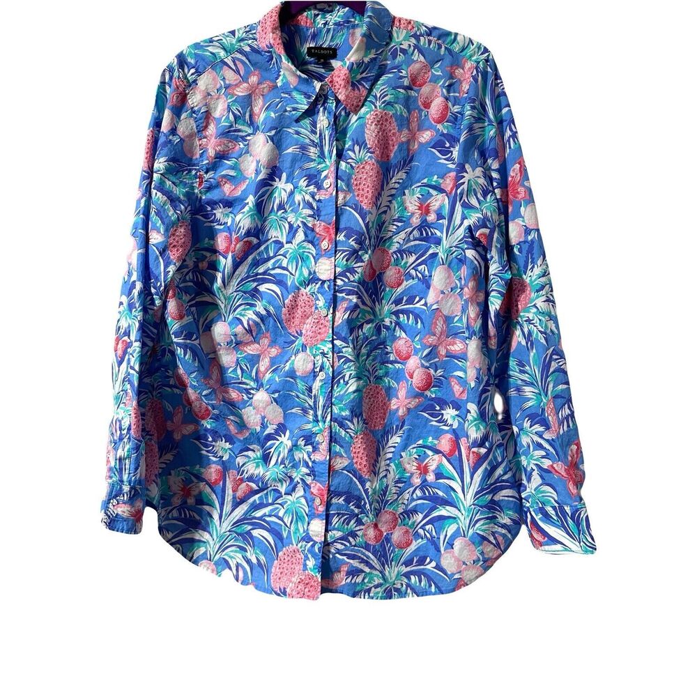 Talbots Blue Tropical Print Button Up Shirt Blouse XL Fruits Pineapple Butterfly